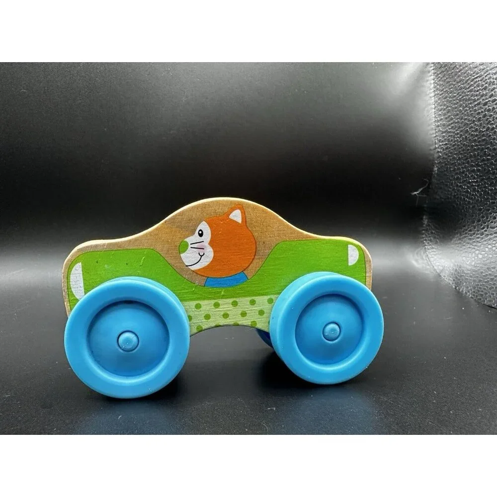 Melissa and Doug Stackable Car Wooden Toy orange cat driver blue‎ wheels 4”